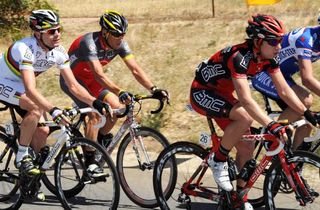 Cadel Evans (BMC), Lance Armstrong and Mauro Santambrogio (BMC) ride during stage two of the Tour Down Under