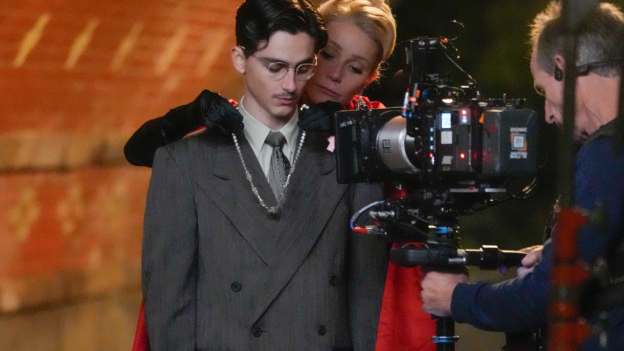 Gwyneth Paltrow and Timothee Chalamet on the set of &quot;Marty Supreme&quot; on October 16, 2024 in New York City.