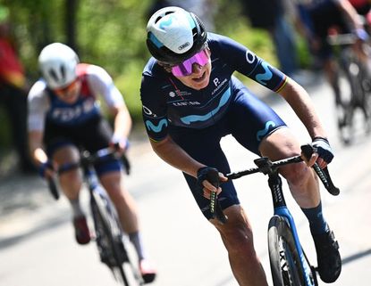 Annemiek van Vleuten (Movistar) attacks on the Côte de la Roche-aaux-Faucons to win the 2022 Liège-Bastogne-Liège