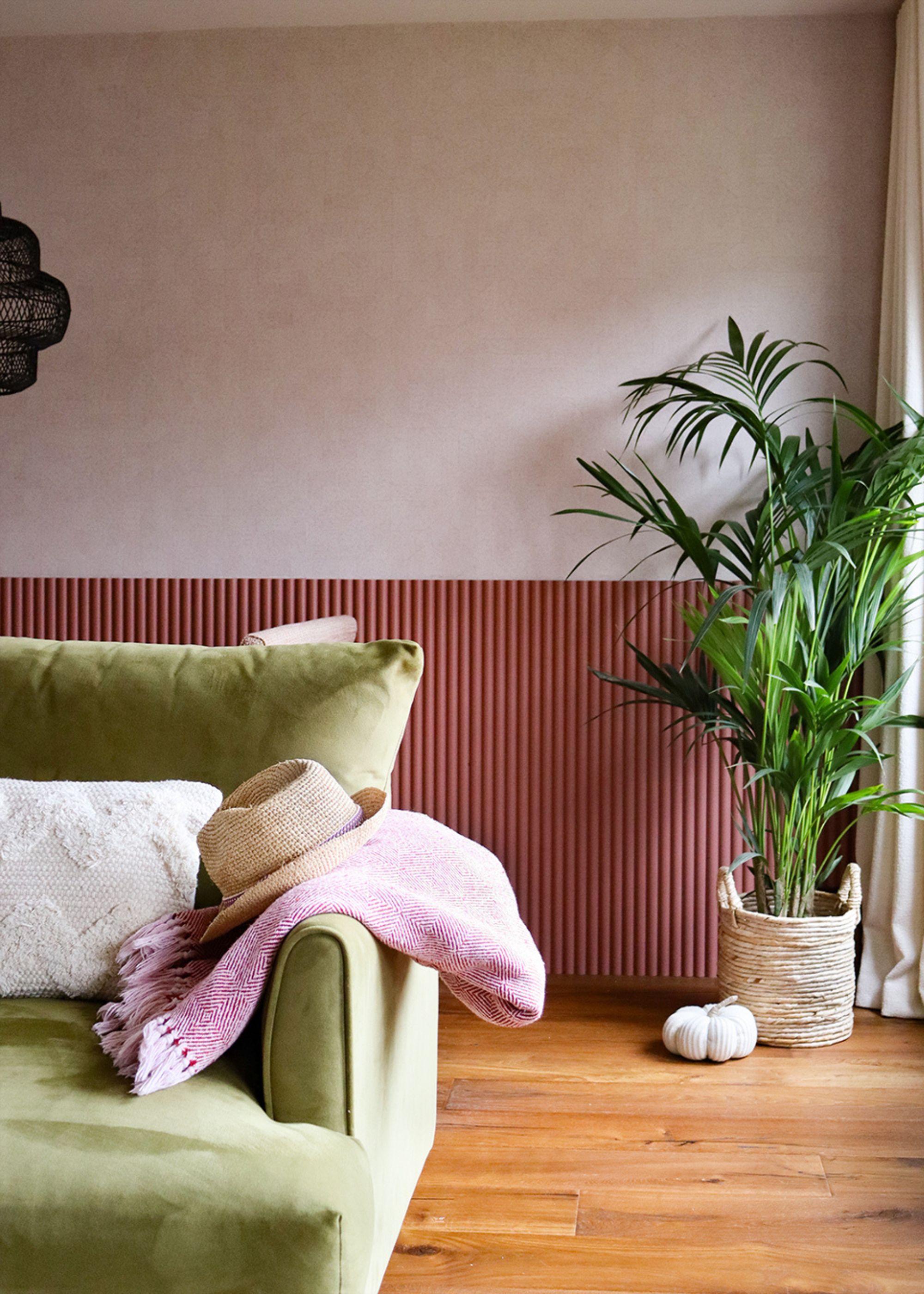 A living room with a sage green sofa. On the sofa is a pink blanket and a hat. There is also a palm plant inside a basket.