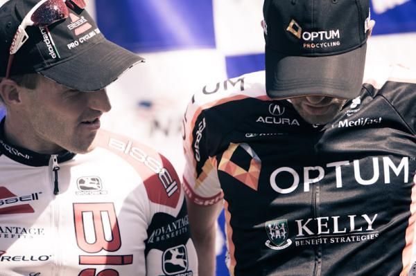 Frank Pipp (Bissell) and stage winner Jesse Anthony (Optum) leave the podium.