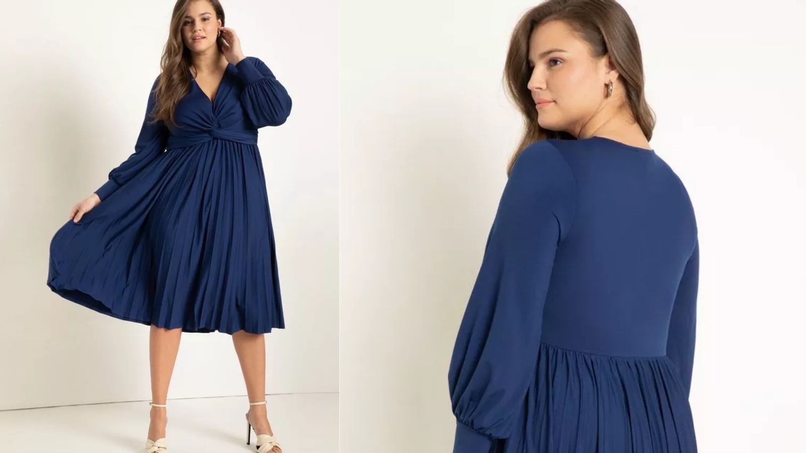 blue pleated front dress shown on model front and back