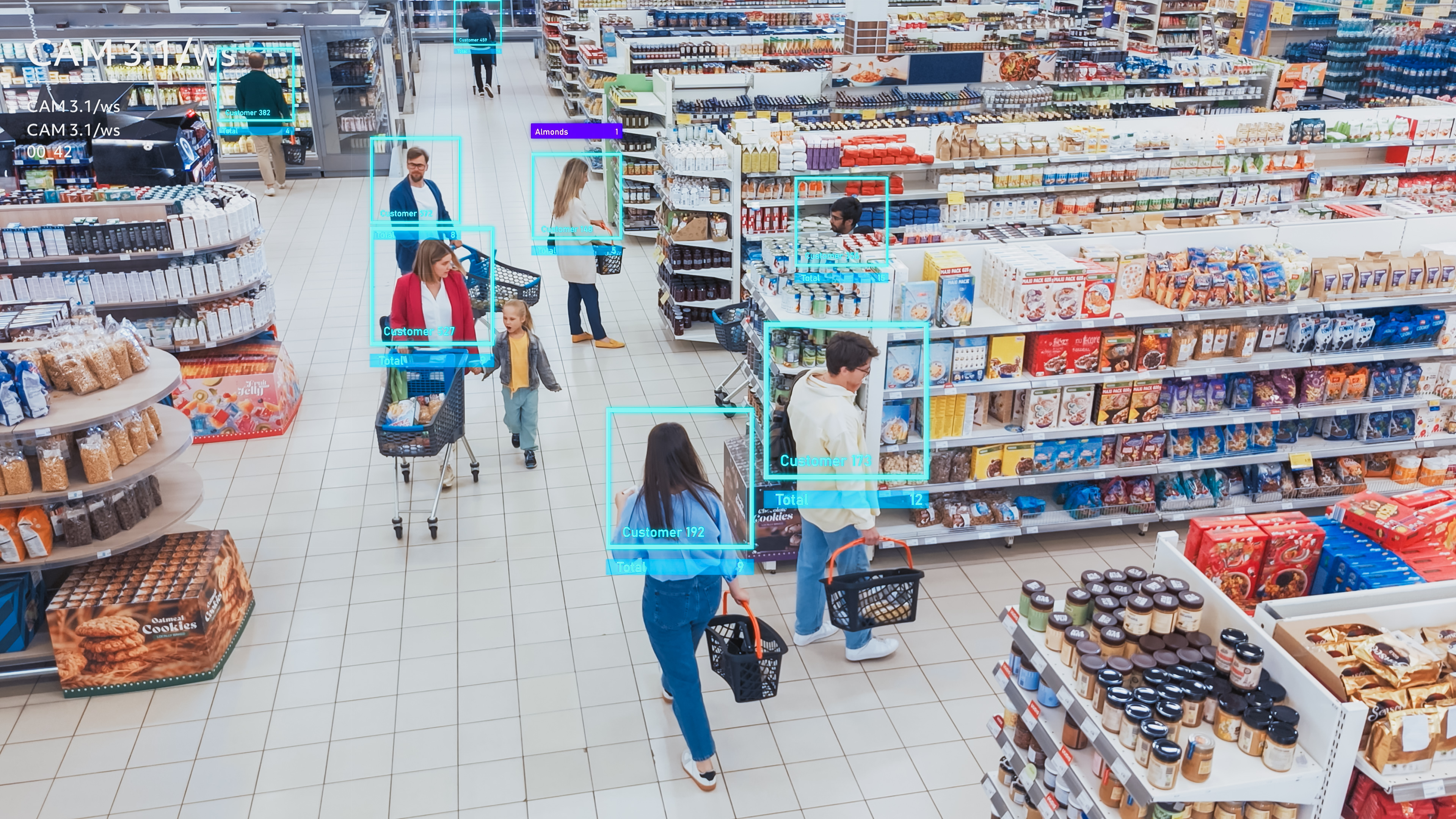 a store camera with blue boxes on shoppers' faces