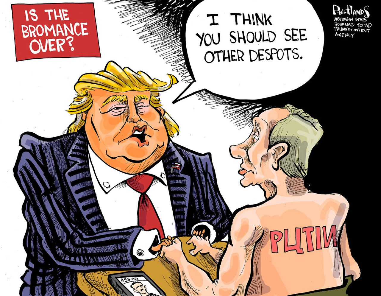 Political Cartoon U.S. President Trump Putin Russia bromance