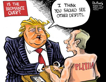 Political Cartoon U.S. President Trump Putin Russia bromance