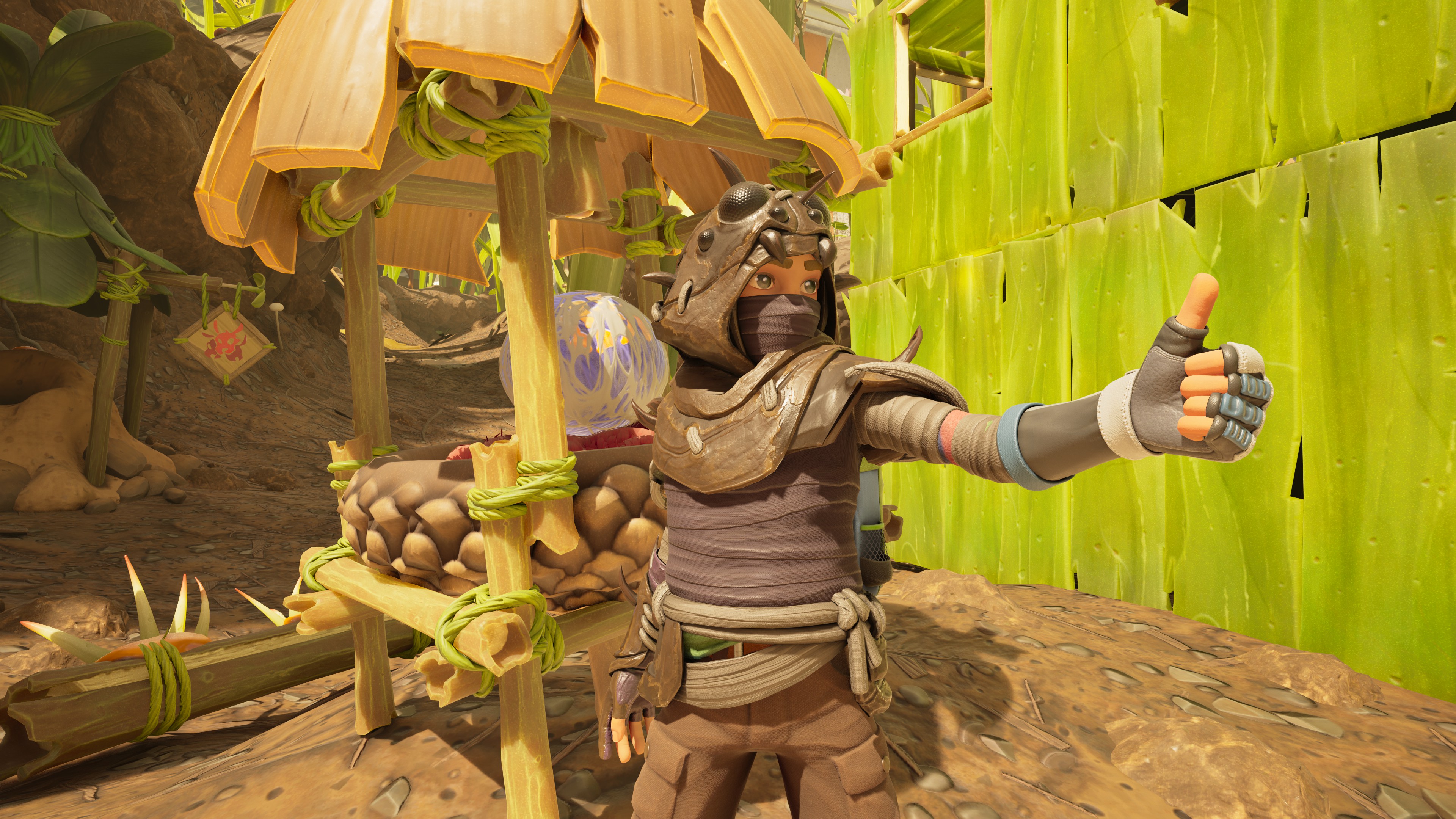 A player gives a thumbs up in front of a Hatchery in Grounded 2, from which will spawn a Buggy mount