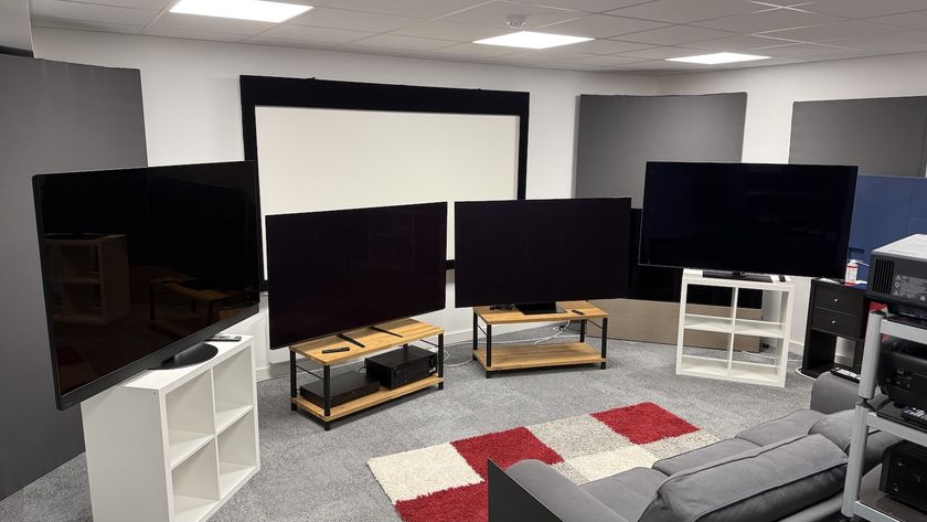 The 65-inch Panasonic Z95B, Sony Bravia 8 II, Samsung S95F and LG G5 photographed together in a testing room