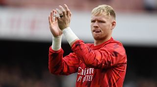 Arsenal goalkeeper Aaraon Ramsdale applauds the fans after the 2-2 draw at home to Tottenham in September 2023.