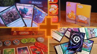 Magic: The Gathering cards, Sushi Go, Jaipuir box and tokens, and Disney Lorcana cards with an orange plus in the middle of them all