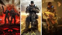 Split image showing three Gears of War games: Gears of War: E-Day, Gears of War, and Gears 5.