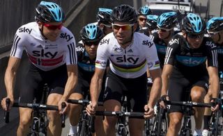 Team Sky's Edvald Boasson Hagen, newly crowned national road champion of Norway, chats with teammate and world champion Mark Cavendish on a training ride.