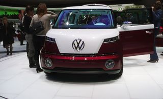 Image of red and white Volkswagen Bulli