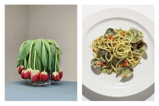 Wilting tulips in vase and plate of spaghetti vongole