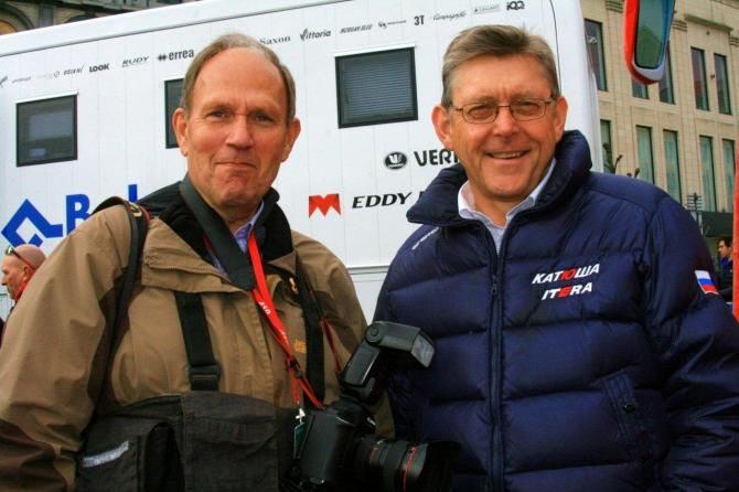 Katusha team's Hans Michael Holzer and German photographer Hennes Roth