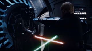 Luke Skywalker and Darth Vader lightsaber dueling in Return of the Jedi