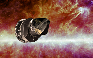 artists illustration of the Planck spacecraft against a background of orange and red gaseous filaments and a bright white line across the lower part of the image.
