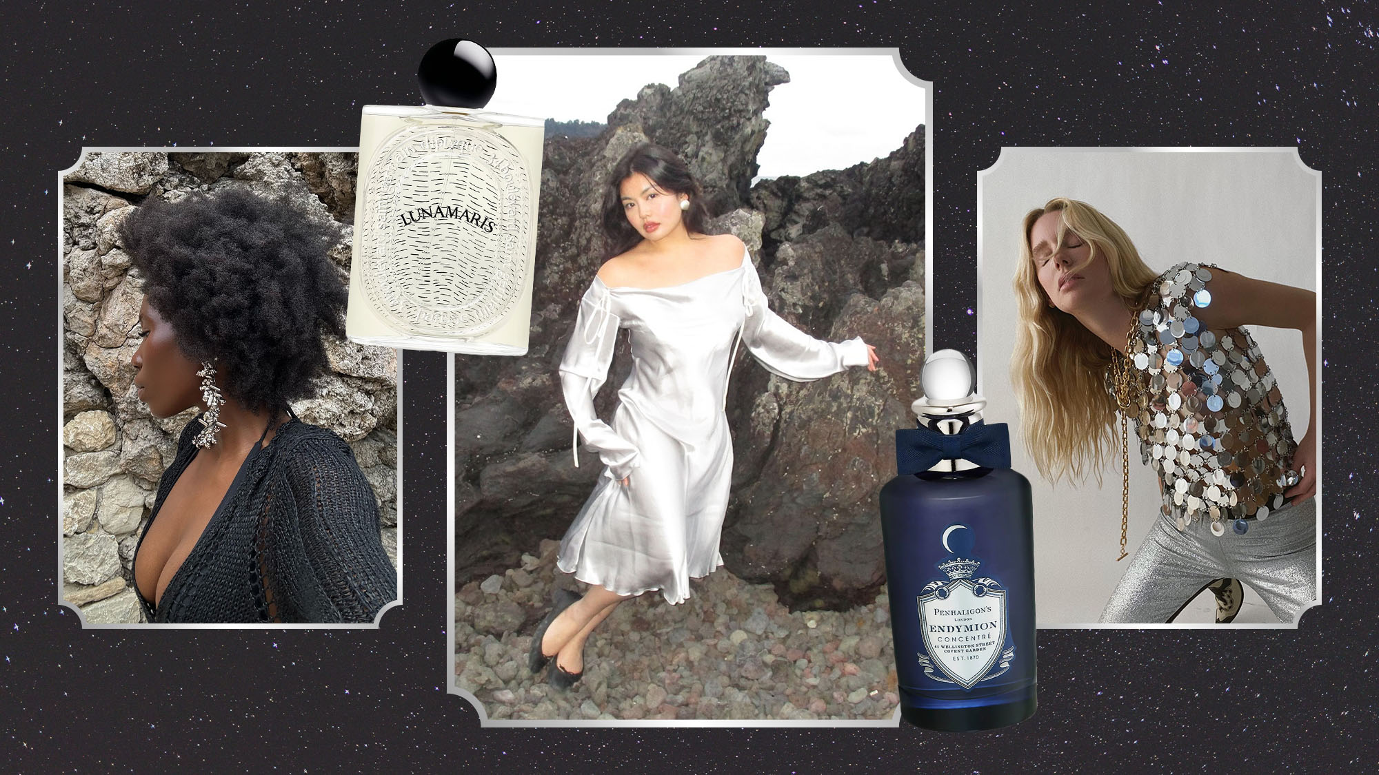 Danielle Jinadu, Allison Ho, and Megan Adelaide Vega with a selection of fragrances