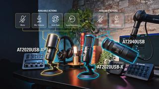 Graphic of Audio-Technica microphones in a podcasting studio
