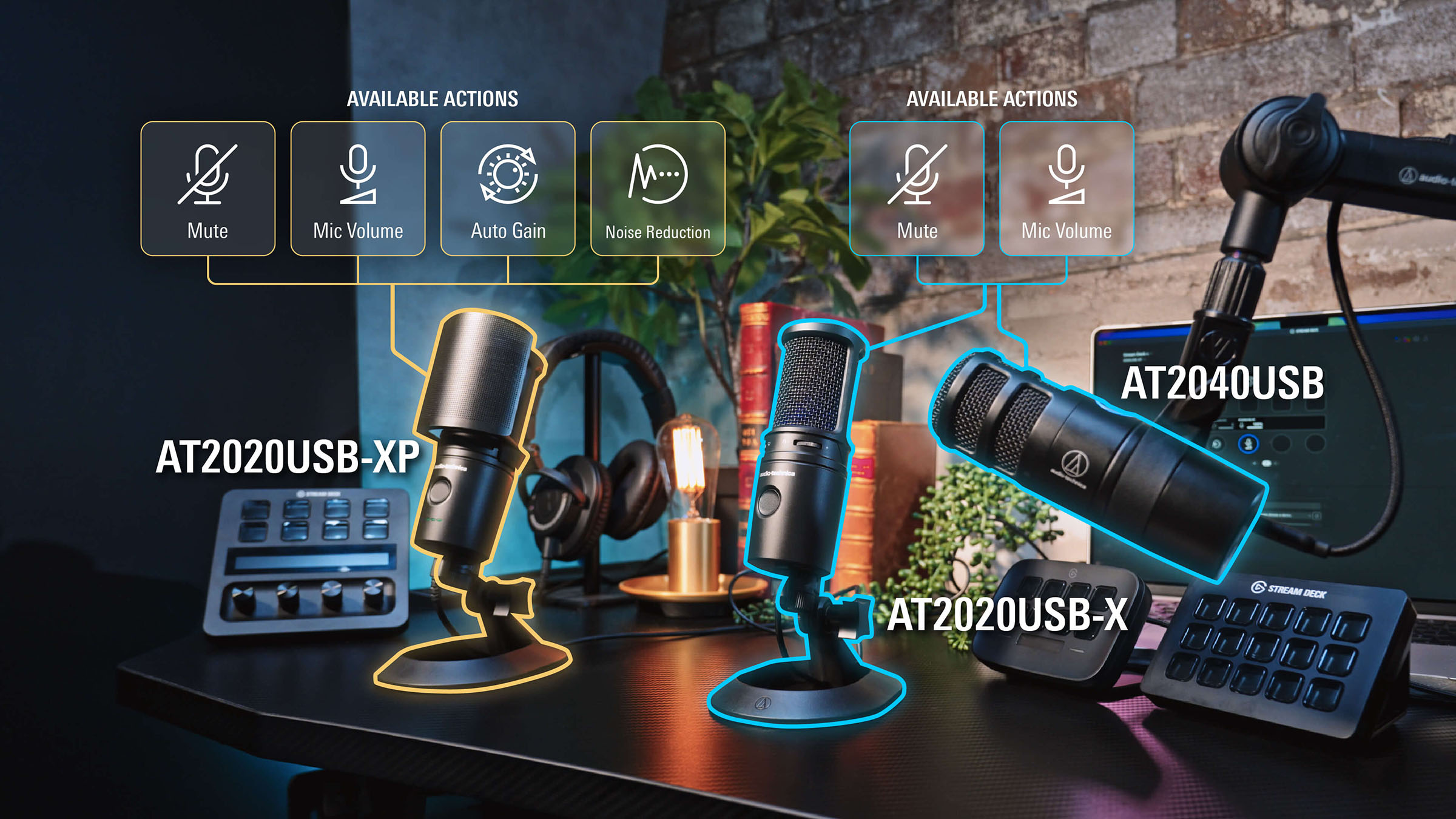 Graphic of Audio-Technica microphones in a podcasting studio