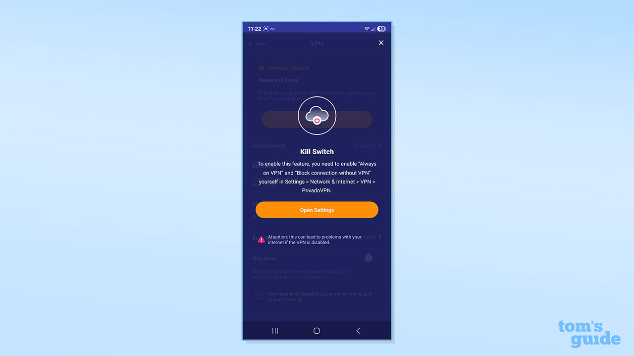 PrivadoVPN Free's kill switch on Android