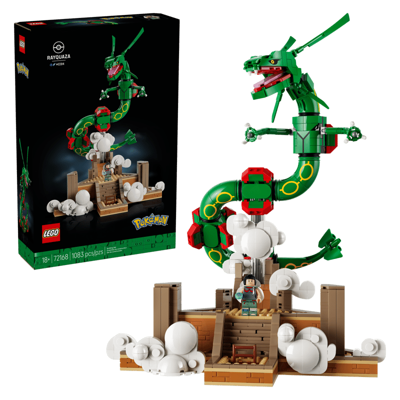 Lego Rayquaza set and box on a plain background