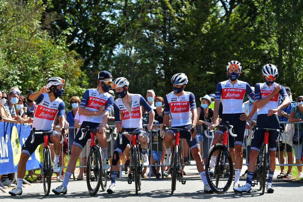 BOURGENBRESSE FRANCE JULY 29 Niklas Eg of Denmark Kiel Reijnen of United States Michel Ries of Luxembourg Quinn Simmons of United States Jensen Mattias Skjelmose of Denmark Antonio Tiberi of Italy and Team Trek Segafredo prior to the 33rd Tour de lAin 2021 Stage 1 a 1391km stage from Parc des Oiseaux to BourgenBresse 237m tourdelain on July 29 2021 in BourgenBresse France Photo by Luc ClaessenGetty Images