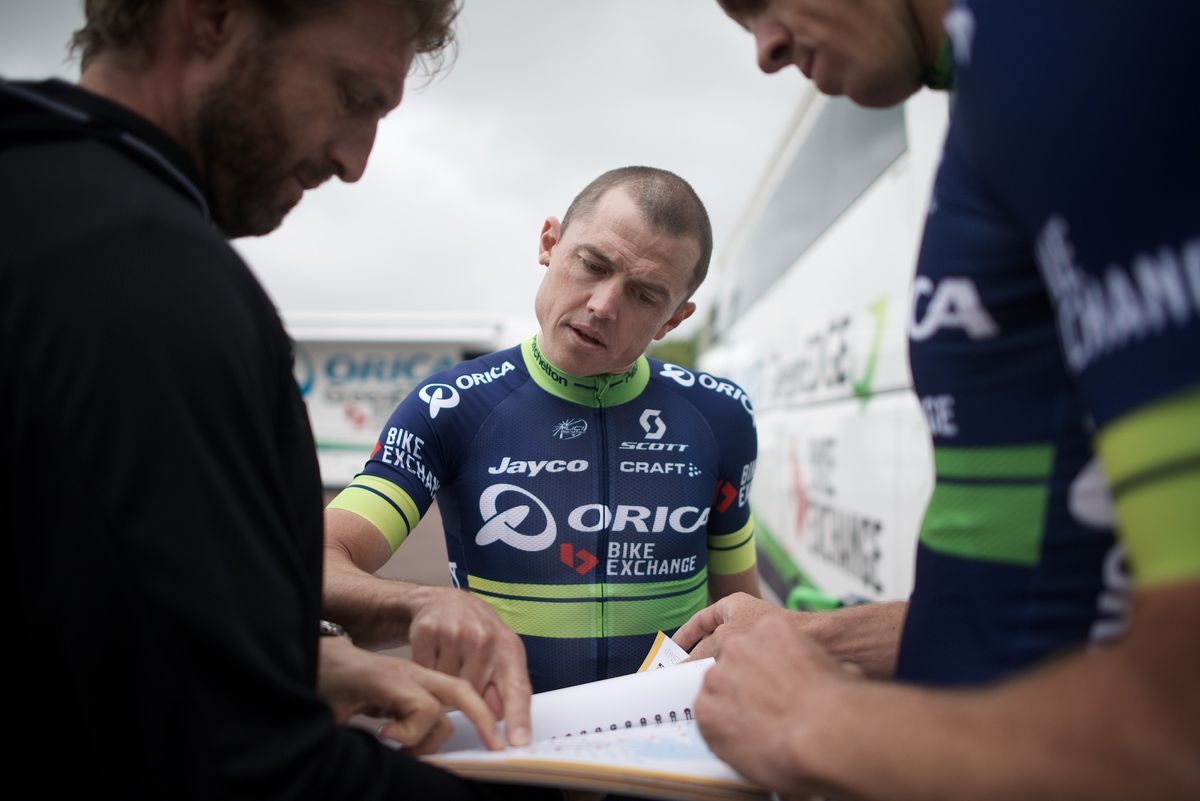 Simon Gerrans and sports director Matt White going over the plan