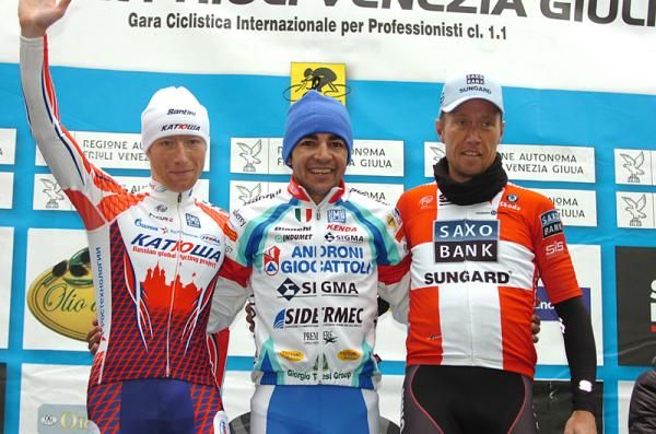 The Giro del Friuli podium: Pavel Brutt (Katusha), Jose Serpa (Androni Giocattoli) and Nicki S&ouml;rensen (Saxo Bank Sungard)