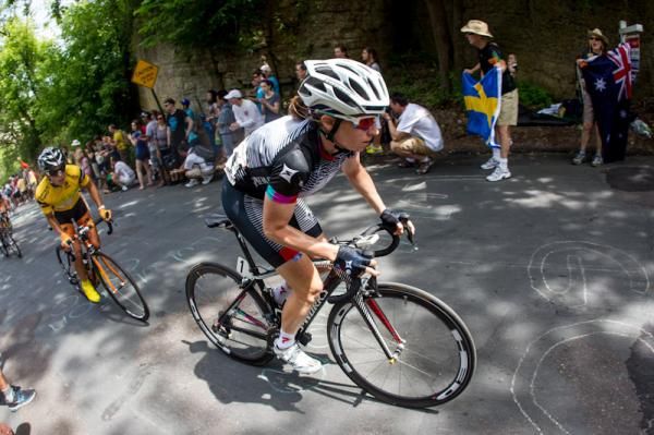 Amber Neben (Lululemon) leads race leader Carmen Small (Optum) up the climb.