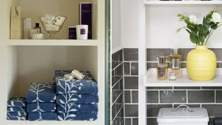 compilation of two bathroom images showing toiletries on display as stylish home organization ideas