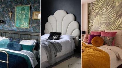 Compilation image of three bedrooms that all show the biggest bedroom trends 2023