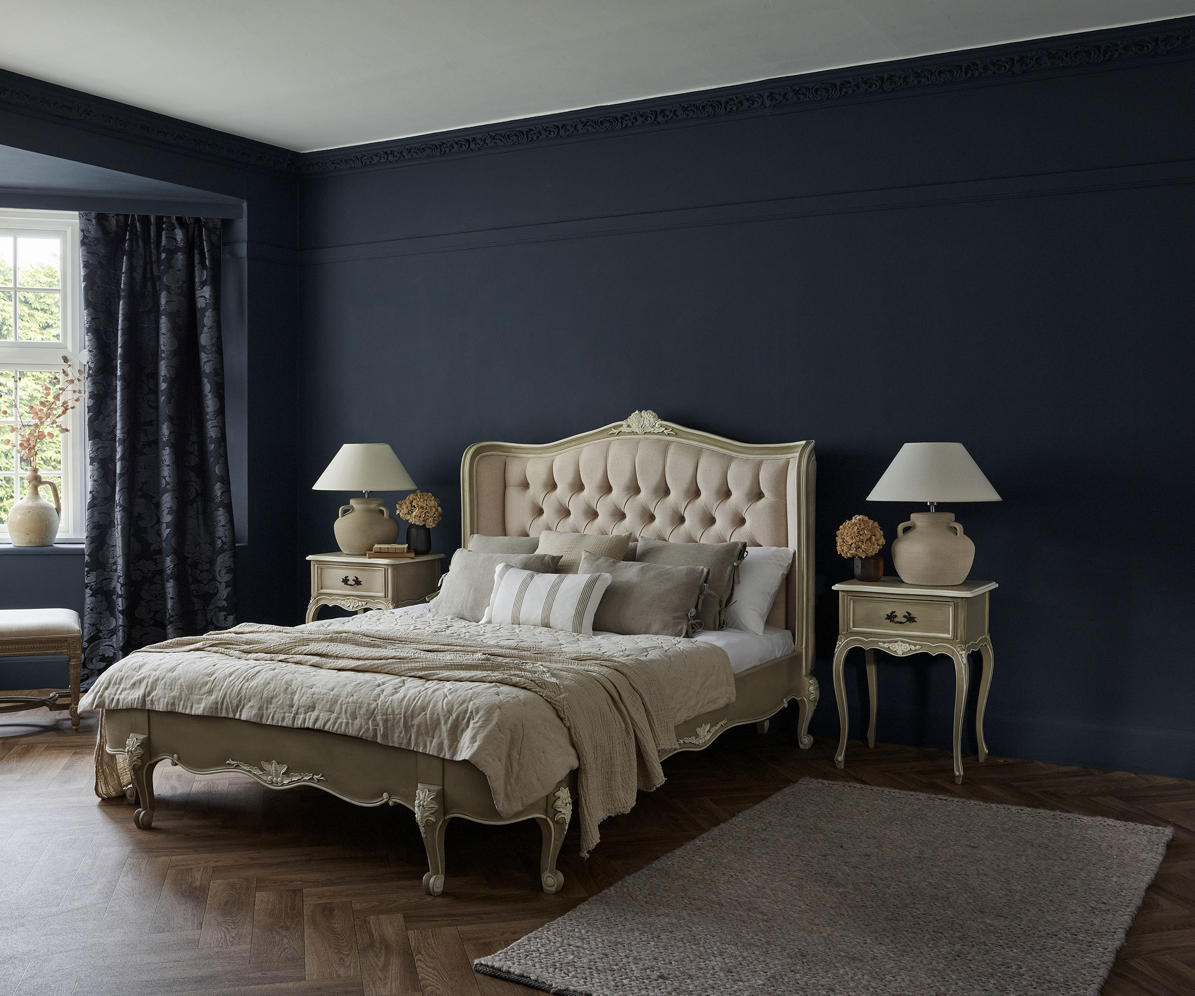 navy and grey bedroom