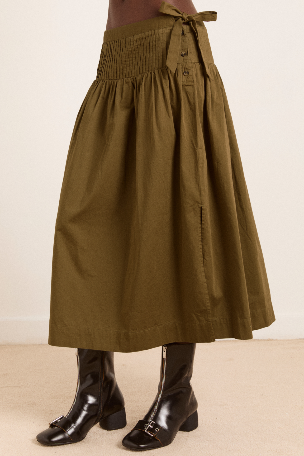 Josie Midi Skirt - Olive Cotton Satin