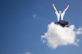 man sitting on cloud in the sky with his arms in the air 