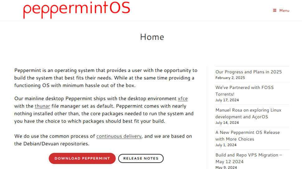 Peppermint OS website screenshot (May 2025)