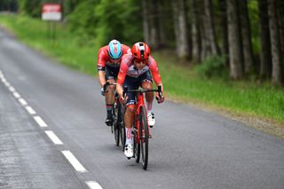 LA CHAISEDIEU FRANCE JUNE 05 LR Victor Campenaerts of Belgium and Team Lotto Dstny and Kenny Elissonde of France and Team Trek Segafredo compete in the breakaway during the 75th Criterium du Dauphine 2023 Stage 2 a 1673km stage from BrassaclesMines to La ChaiseDieu 1080m UCIWT on June 05 2023 in La ChaiseDieu France Photo by Dario BelingheriGetty Images