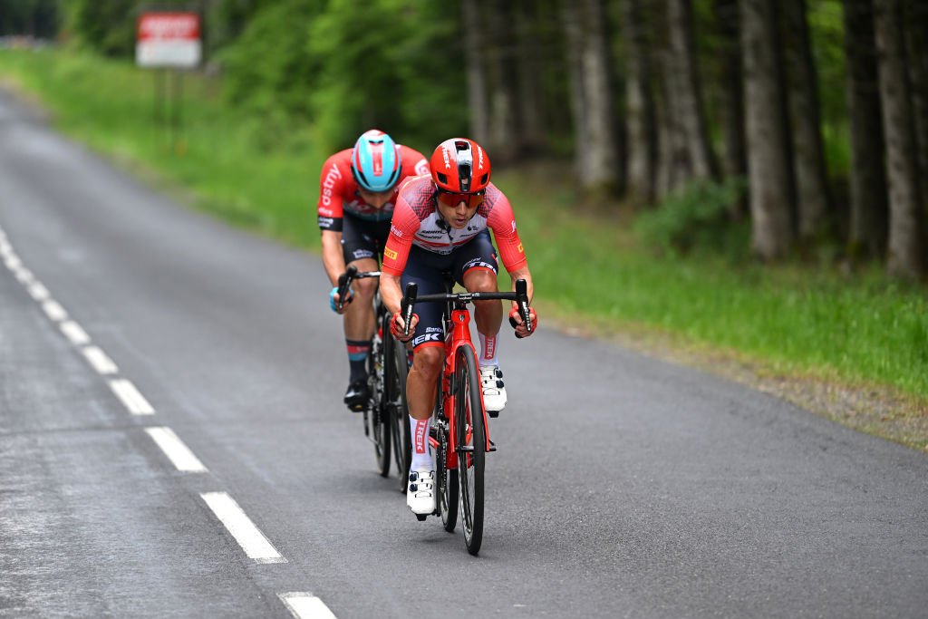 LA CHAISEDIEU FRANCE JUNE 05 LR Victor Campenaerts of Belgium and Team Lotto Dstny and Kenny Elissonde of France and Team Trek Segafredo compete in the breakaway during the 75th Criterium du Dauphine 2023 Stage 2 a 1673km stage from BrassaclesMines to La ChaiseDieu 1080m UCIWT on June 05 2023 in La ChaiseDieu France Photo by Dario BelingheriGetty Images