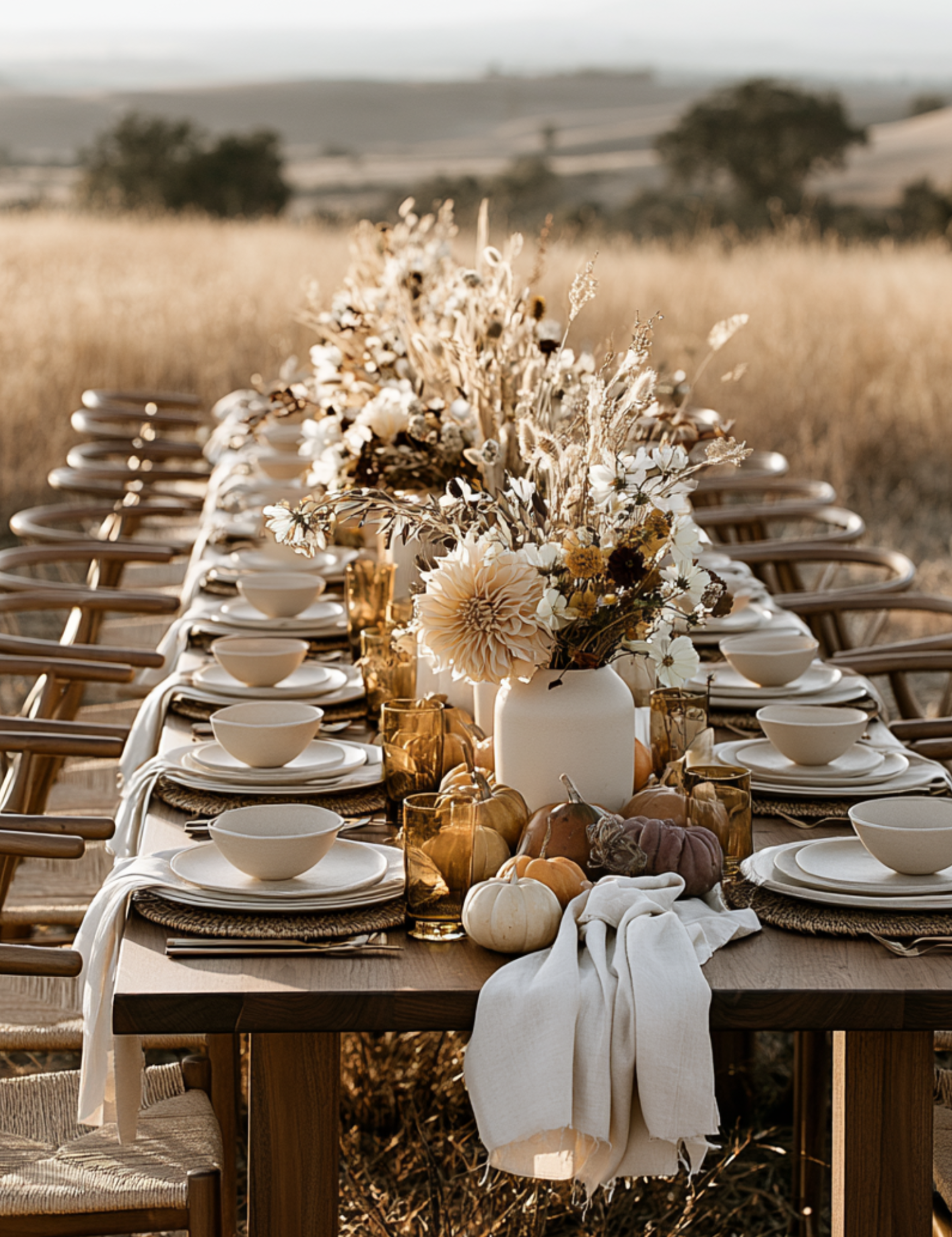 Long, harvest decor-inspired fall table pictured in a field of wheat, decorated with gourds, amber glassware, cream napkins, and stacked ceramics.