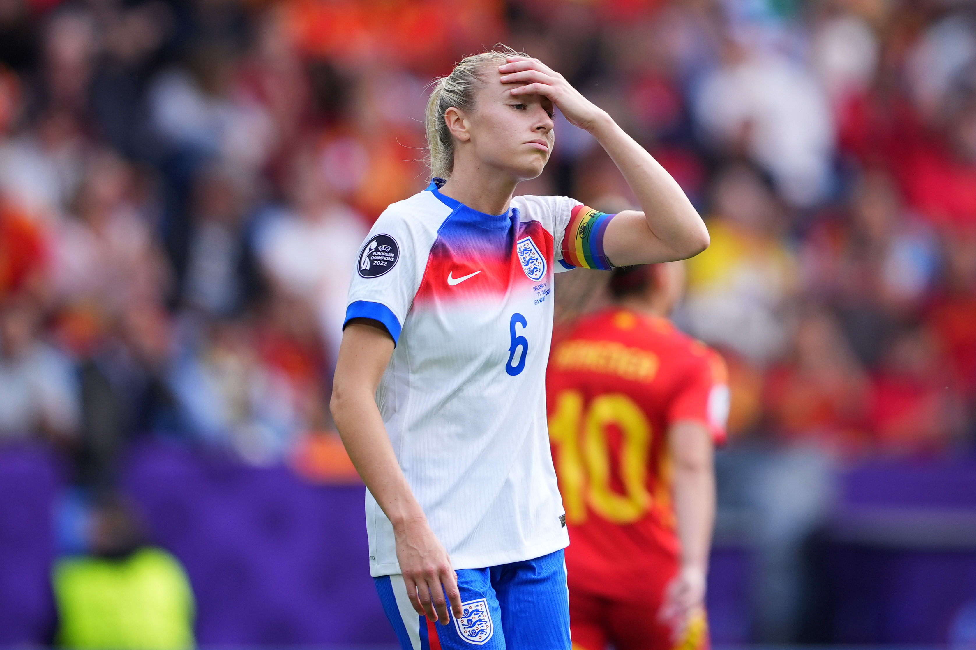 Leah Williamson of England reacts during the UEFA Women's EURO 2025 Final match between England and Spain at St. Jakob-Park on July 27, 2025 in Basel, Switzerland.