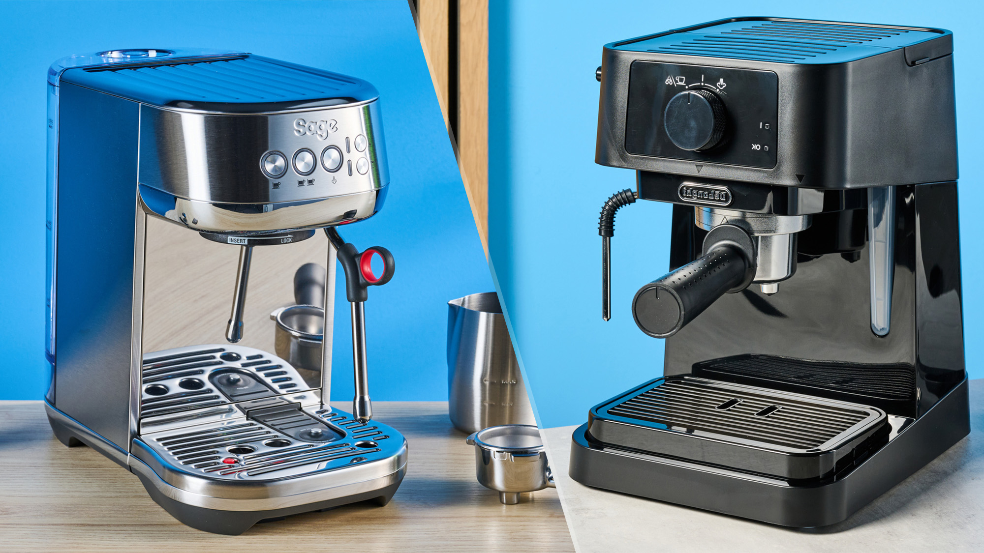 a composite image of the breville bambino plus / sage bambino plus and the de&#039;longhi stilosa espresso machines, both photographed with accessories including portafilter, on a blue background