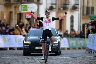 BAEZA SPAIN FEBRUARY 13 Tadej Pogacar of Slovenia and UAE Team Emirates celebrates at finish line as race winner during the 2nd Clasica Jaen Paraiso Interior 2023 a 1789km one day race from beda to Baeza 752m ClsicaJan23 on February 13 2023 in Baeza Spain Photo by Dario BelingheriGetty Images