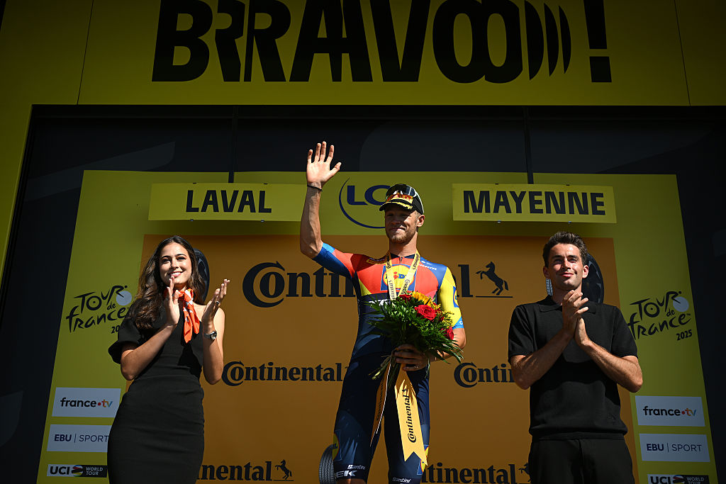 LAVAL, FRANCE - JULY 12: Jonathan Milan of Italy and Team Lidl - Trek celebrates at podium as stage winner during the 112th Tour de France, Stage 8 a 197km stage from Saint-Meen-le-Grand to Laval (Espace Mayenne) / #UCIWT / on July 12, 2025 in Laval, France.