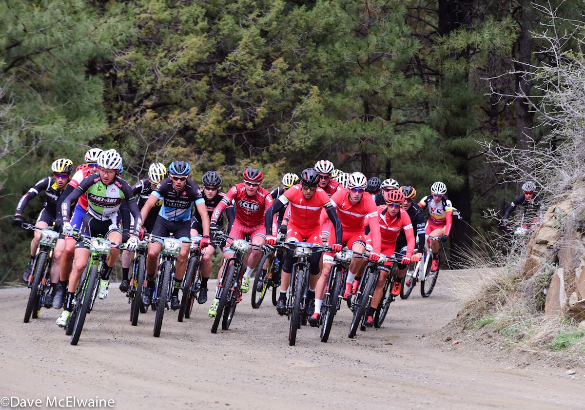 Keegan Swenson (Sho-Air Cannondale) leads the peloton onto the first fire road climb