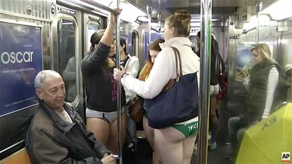 Pants-less subway riders in New York celebrate "no pants day"