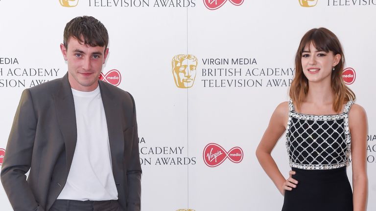 Paul Mescal and Daisy Edgar-Jones socially distant attend the Virgin Media British Academy Television Award 2020 at Television Centre on July 31, 2020 in London, England.
