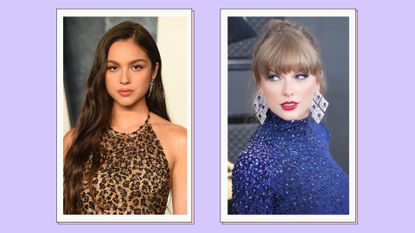 Olivia Rodrigo and Taylor Swift headshots on a purple background
