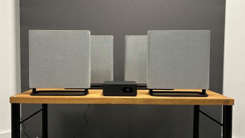 Sony Bravia Theatre Quads wireless speaker package on wooden AV rack against grey wall