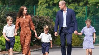 Prince George, Princess Charlotte and Prince Louis accompanied by their parents the Prince William and Catherine, Princess of Wales, arrive for a settling in afternoon at Lambrook School