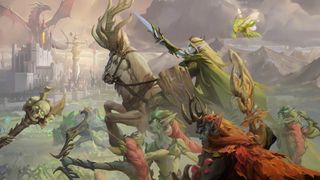 Key art for Heroes of Might and Magic: Olden Era, showing a large battle with a castle and dragon in the background, cropped to focus on the fairy army