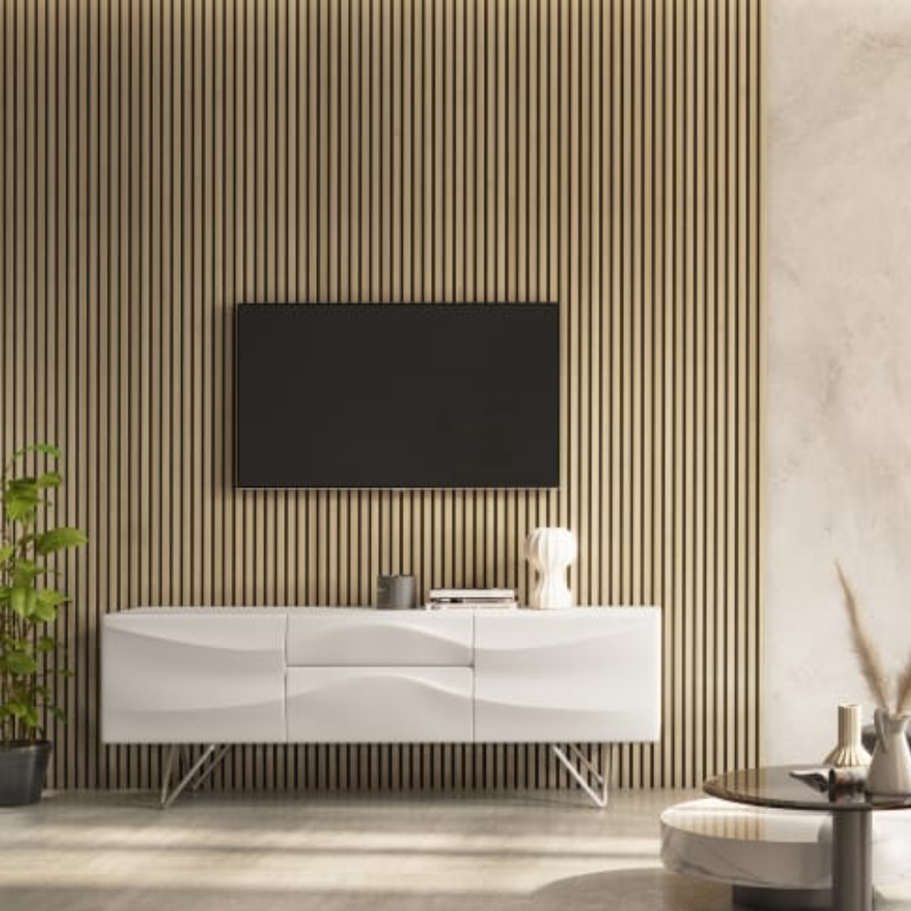 Panelled wall with tv and cabinet